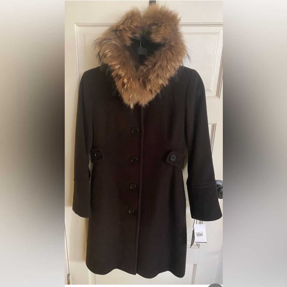 NWT Andrew Marc Marc NY Wool Cashmere Hooded Coat with Real Fur trim Hood size 4